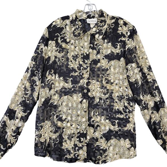 Expose Black Gold Shirt Preppy Floral Long Sleeves Button Up Womens Size L Top - Picture 1 of 10